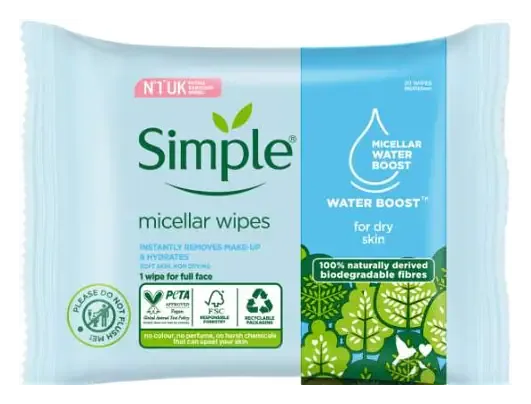 Simple Skincare Micellar Water Boost Biodegradable Wipes